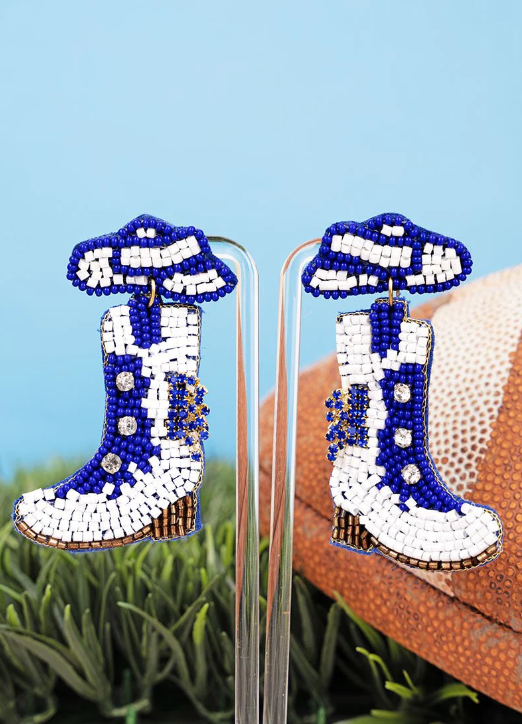 Game-Day Blue and White Cowboy Boots Earrings